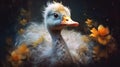 Fluffy white duckling with yellow flowers on black background Royalty Free Stock Photo