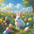 White Easter Bunny in a Field of Tulips and Daisies with Decorated Eggs rabbit white rabbit Royalty Free Stock Photo