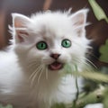A fluffy white kitten with green eyes, playing with a feather toy5