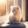 A fluffy white kitten perched on a windowsill, its eyes reflecting the warm sunlight streaming in. Royalty Free Stock Photo