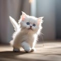 A fluffy white Persian kitten with a playful expression, chasing a feather toy1