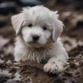 A fluffy white puppy covered in mud, looking guilty5 Royalty Free Stock Photo