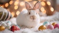 Fluffy White Rabbit with Easter Eggs Close-Up