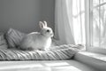 Fluffy white rabbit on knitten blanket, Cute pet