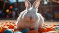 Adorable Fluffy White Rabbit Sitting on Colorful Easter Eggs Royalty Free Stock Photo