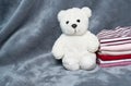 Fluffy white small bear with cloth stack whit grey fur home laundry background