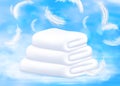 Fluffy White Towels with Feathers on Blue Background