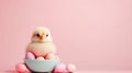 Fluffy Yellow Chick in Pastel Blue Bowl with Pink Easter Eggs on Pink Background Royalty Free Stock Photo