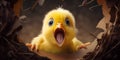 A fluffy yellow chick peeks out from a broken eggshell, chirping with wide-eyed wonder. Royalty Free Stock Photo