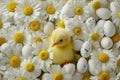 A fluffy yellow chick stands amid white daisies and speckled eggs a vibrant embodiment of spring. Ideal for Easter and