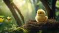 A Fluffy Yellow Chickling In A Nest Among Flowers Royalty Free Stock Photo