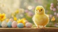 Fluffy Yellow Chickling Poses With Easter Eggs Royalty Free Stock Photo