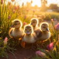Fluffy Yellow Ducklings and their Caring Mother on a Serene Grassland Royalty Free Stock Photo