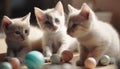 Fluffy yellow kitten playing with toy ball indoors, charming portrait generated by AI