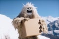 Fluffy yeti delivery service, employee holding blank cardboard box on mountain background. Generative AI