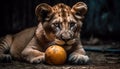 Fluffy young Bengal tiger playing with toy ball indoors generated by AI Royalty Free Stock Photo