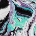 Fluid Art. Abstract marble background or texture. White black and neon turquoise waves and curls