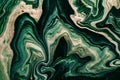 Fluid Art. Black marble background with dark green and golden waves. Abstract background or texture