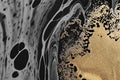 Fluid Art. Metallic gold and gray abstract waves on Black background. Marble effect background or texture