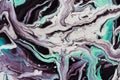 Fluid Art. White black and neon turquoise waves and curls. Abstract colorful background or texture