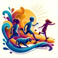 fluid image of children running with a dog