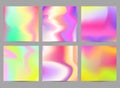Fluid iridescent multicolored backgrounds. Vector illustration of fluids. Poster set with holographic neon effect
