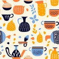 Fluid And Organic Ceramics Pattern With Teacups And Pots