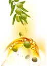 Fluid shape mixing water and oil, Leaf of green olives. Realistic Olive drop oil branch background