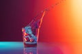 Ice cube falls into a transparent glass of water standing on mirror surface over gradient red orange background in neon Royalty Free Stock Photo