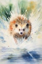 fluidity and unpredictability of watercolors by creating a dynamic and energetic Hedgehog print. design cute Hedgehog poster