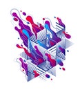 Fluids colorful liquid shapes in motion with geometric lines vector abstract graphic design element, dynamic modern art flowing