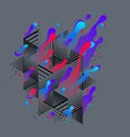 Fluids colorful liquid shapes in motion with geometric lines vector abstract graphic design element, dynamic modern art flowing