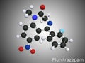 Flunitrazepam drug molecule. It has hypnotic, sedative, anxiolytic properties. Molecular model