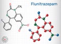 Flunitrazepam drug molecule. It has hypnotic, sedative, anxiolytic properties. Structural chemical formula and molecule model.