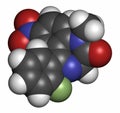 Flunitrazepam hypnotic drug molecule. 3D rendering. Atoms are represented as spheres with conventional color coding: hydrogen (