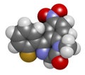 Flunitrazepam hypnotic drug molecule, 3D rendering. Atoms are represented as spheres with conventional color coding: hydrogen (