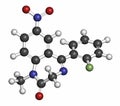 Flunitrazepam hypnotic drug molecule, 3D rendering. Atoms are represented as spheres with conventional color coding: hydrogen (