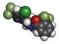Fluopyram fungicide molecule. 3D rendering. Atoms are represented as spheres with conventional color coding: hydrogen white,.