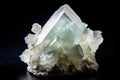 Fluorapophyllite-K is a rare precious natural stone on black background. AI generated. Header banner mockup with space.