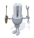 Fluorescent bulb with arms and legs and tools on hand