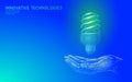 Fluorescent compact lamp saving energy light bulb concept. Polygonal light blue sky lgreen amp ecology environment Royalty Free Stock Photo