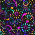 Fluorescent fantasy pattern with sun, butterfly