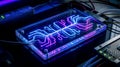 Fluorescent: Fluorescent microfluidic chip glowing in dark UV light, biotech data visualization, cyberpunk science concept Royalty Free Stock Photo
