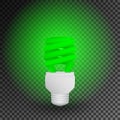 Fluorescent green economical light bulb glowing on a transparent background. Save energy lamp.