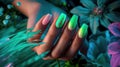 Fluorescent Green Nail Art with Floral Background