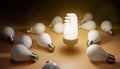 Fluorescent lamp shining and many old bulbs around. 3D rendered illustration Royalty Free Stock Photo