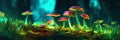 Fluorescent Magical Fly Agaric Mushrooms in Surreal Mystical Forest. Digital illustration. Generative AI