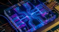 Fluorescent microfluidic chip glowing in dark UV light, biotech data visualization, cyberpunk science concept.. - glowing focus Royalty Free Stock Photo