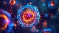 Fluorescent microscopy image of an activated B lymphocyte surrounded by a glowing ring of antigens