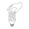 Fluorescent, saving light bulb in hand. Electric lamp single icon in outline style vector symbol stock illustration web. Royalty Free Stock Photo